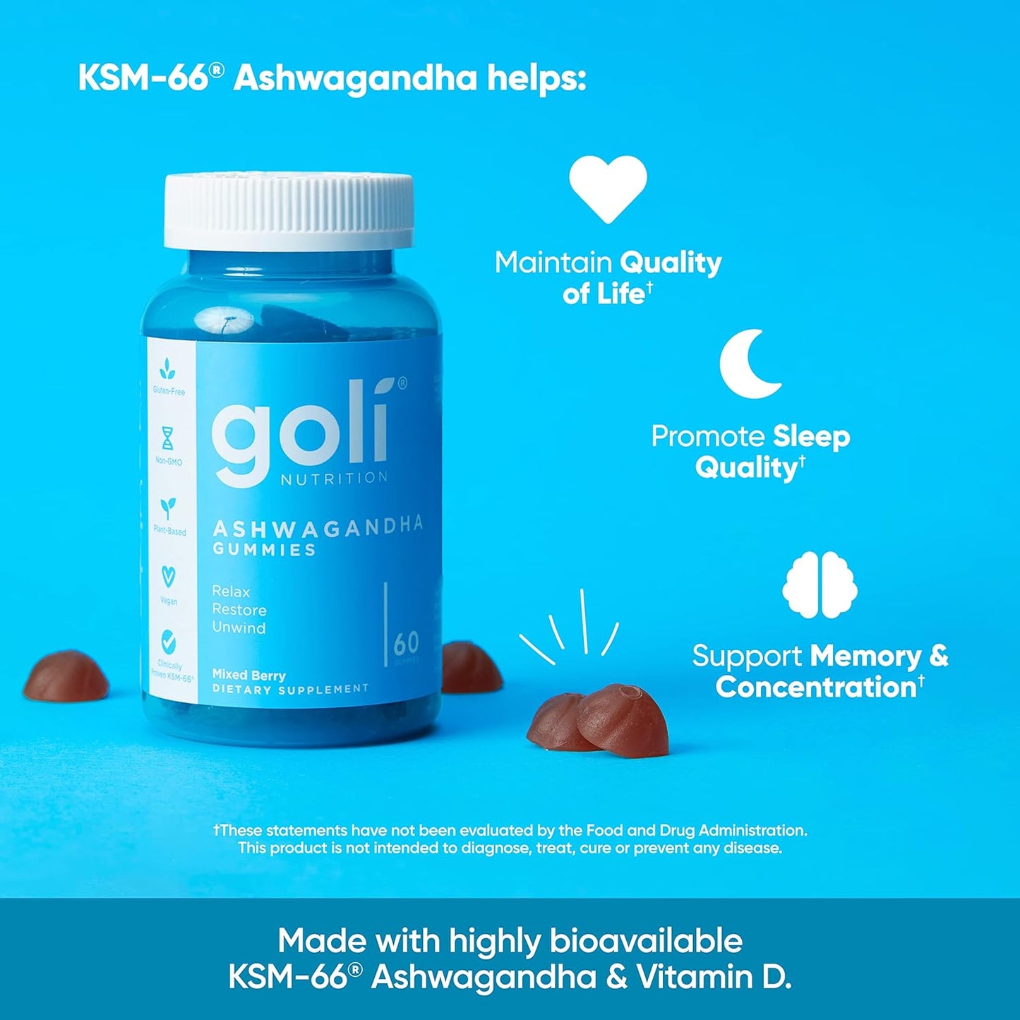 Gummies Ashwagandha & Vitamine D Essentiels Bio | KSM-66®, Vegan, Zéro Gélatine & Sans Gluten (Baies Mélangées)