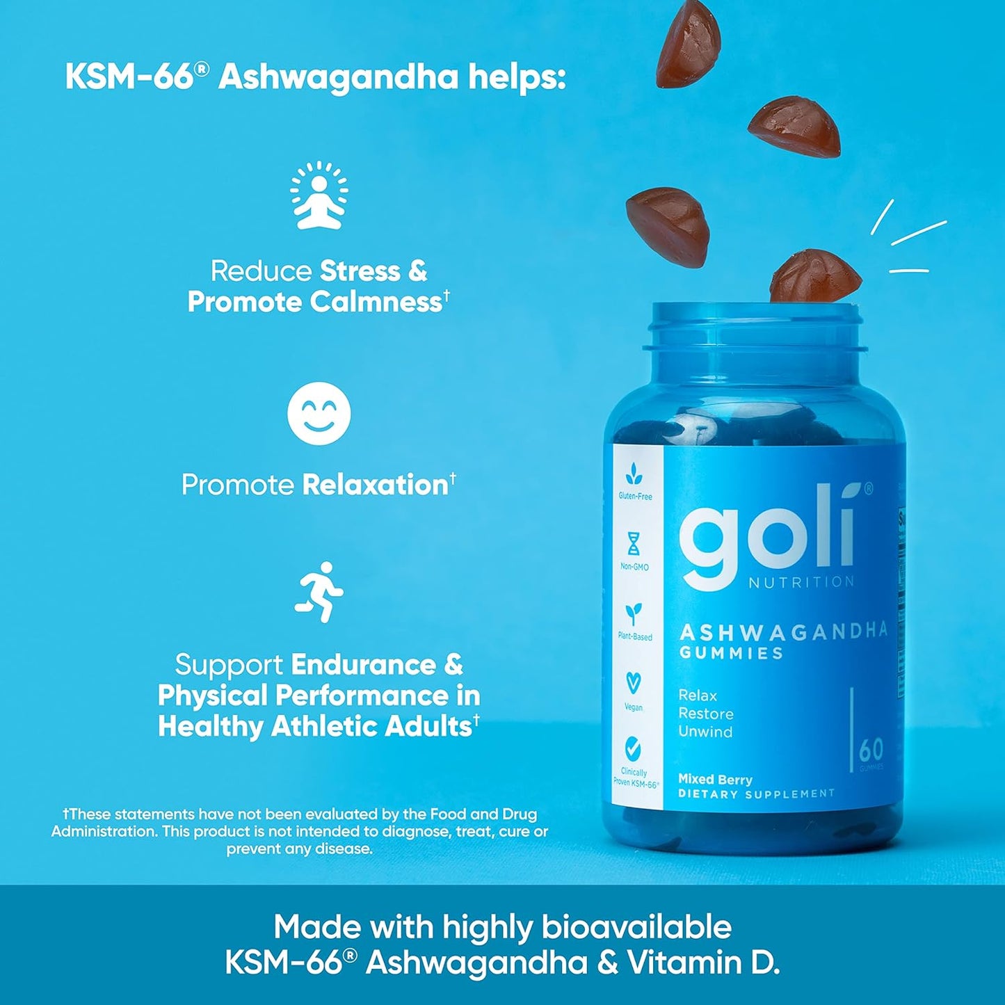 Gummies Ashwagandha & Vitamine D Essentiels Bio | KSM-66®, Vegan, Zéro Gélatine & Sans Gluten (Baies Mélangées)